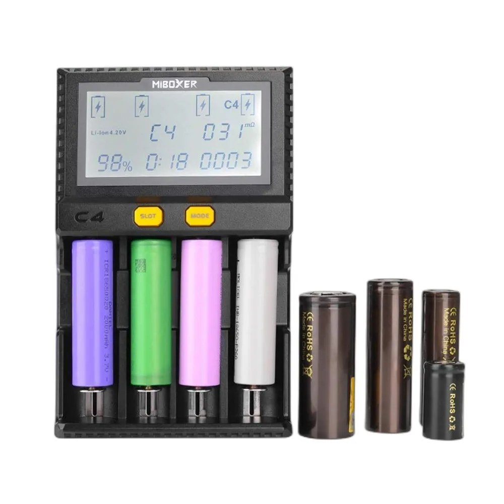 Miboxer chytrá baterie nabíječka C4 VC4 LCD s auto vykladače pro li-ion/imr/inr/icr/lifepo4 18650 14500 26650 AAA 100-800mah