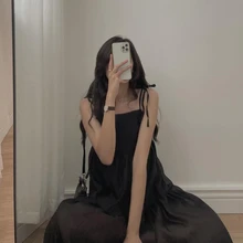  Korean Fashion Summer Strap Dresses for Women 2022 Chic Sleeveless Lace-up Loose Black Casual Midi Dress Elegant Sukienka 