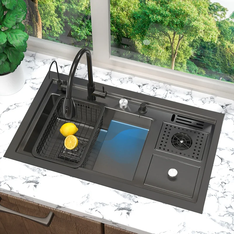 

Stepped Cup Washer Sink Kitchen Sink Large Single Slot Stainless Steel Dishwasher Basin Multifunction Washbasin with Trash Can