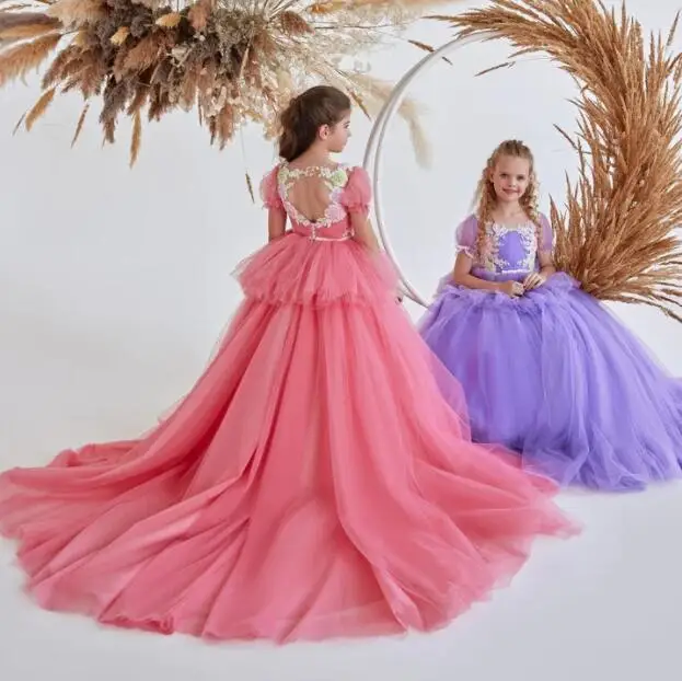 

Cap Sleeves Flower Girl Dresses For Weddings Ball Gown Scoop Tulle Appliques Long First Communion Dresses Little Girl