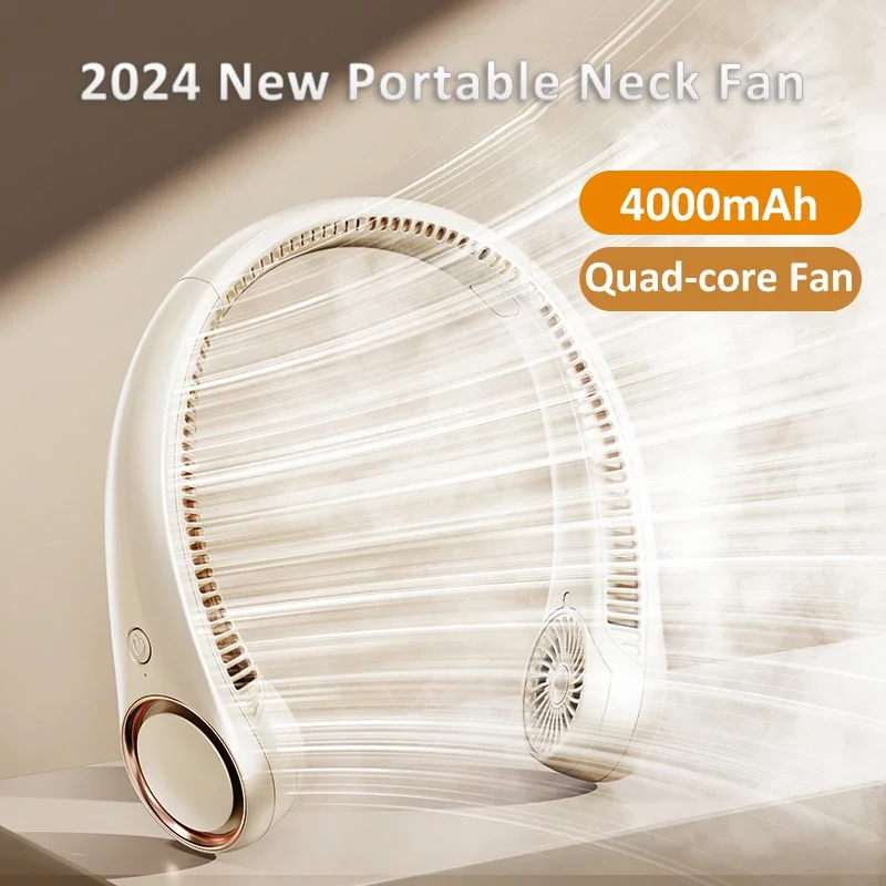 2025 New Real 4000mAh Hanging Neck Fan Portable Air Conditioner Rechargeable Air Cooler Mini Fan 3 Wind Speed Bladeless Neck Fan
