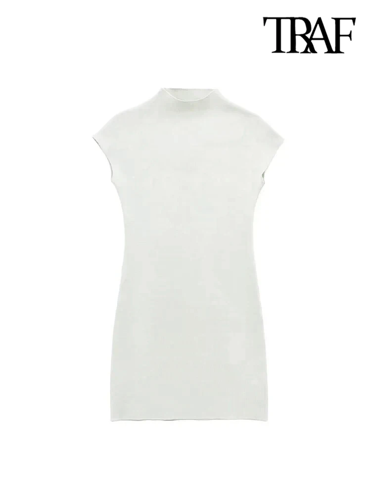 TRAF Women Fashion Stretch Knit Mini Dress Vintage High Neck Sleeveless Female Dresses Vestidos Mujer 2