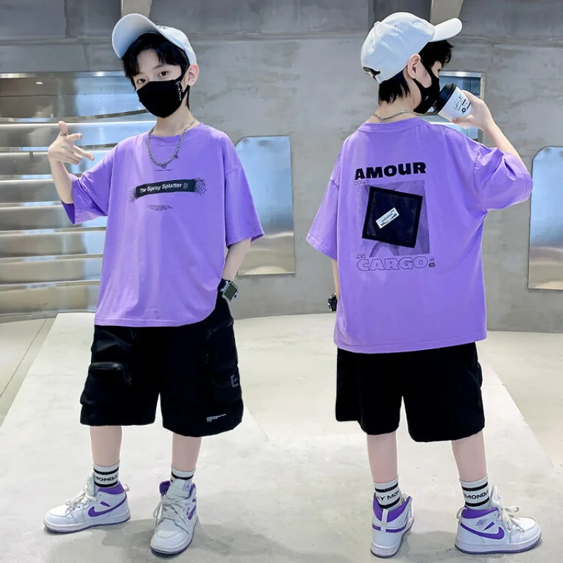 

Boys summer clothes suit children's top and bottom set two piece set free shipping 4-16years Korean style children clothing 2023
