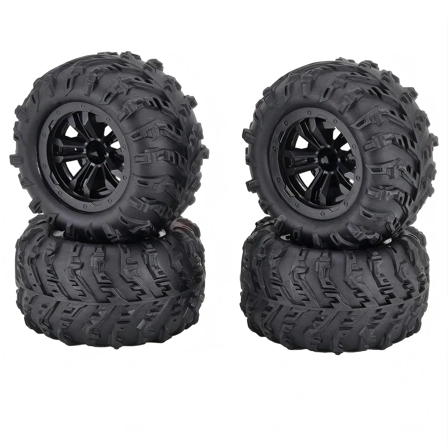 Détail du moyeu hexagonale 12mm et de la tige 3.5mm sur une roue RC 1/10, pneu cranté.