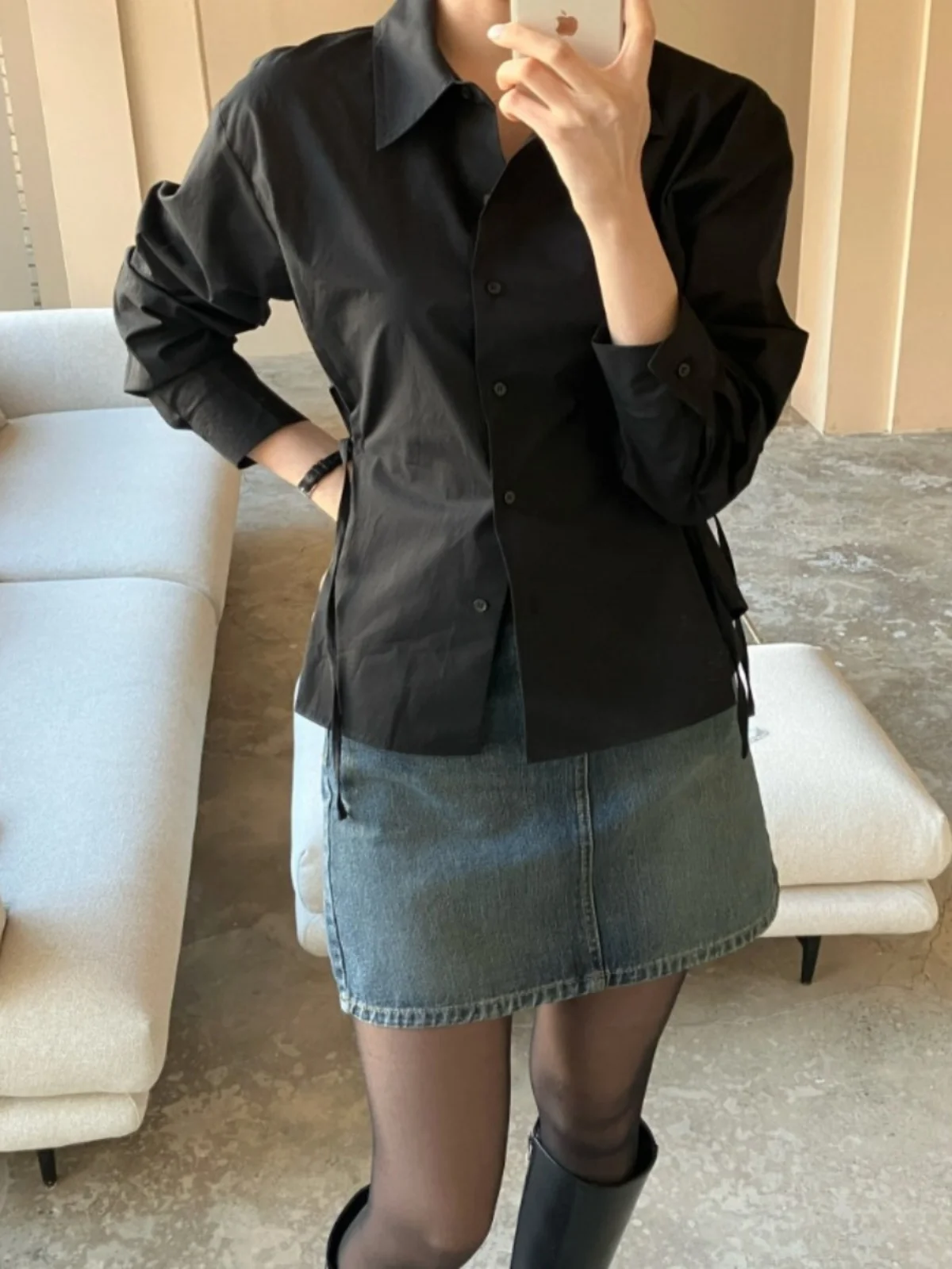 한국어 세련된 이른 봄 디자인 감각 작은 청중 허리 Cinching 긴 소매 여성 셔츠 2025 새로운 스타일 탑