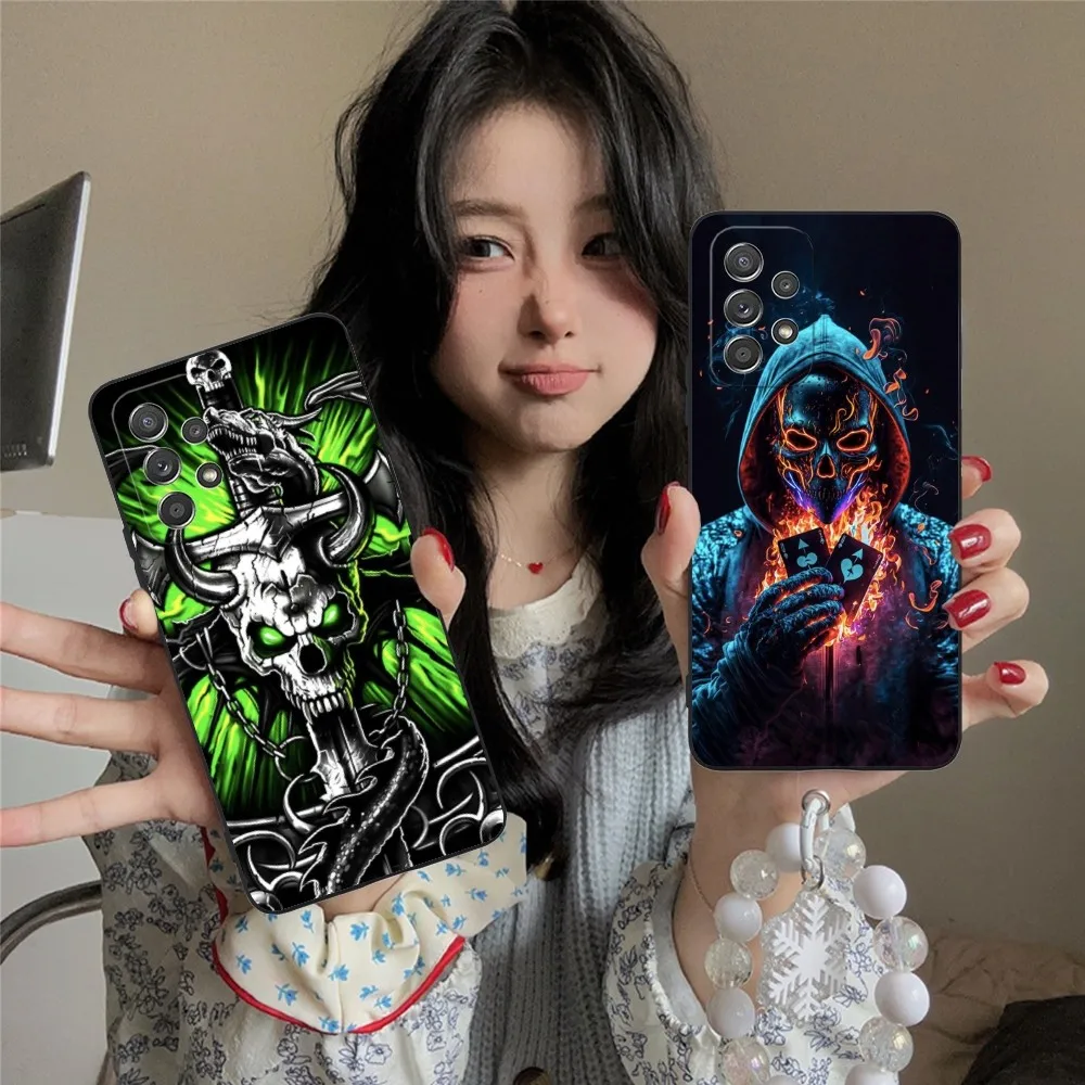 Fire Skull Head Mobile Cell Phone Case For Samsung Galaxy A91 70 54 53 52 34 24 21 Note 20 10 M54 Plus Ultra 5G Black Cover