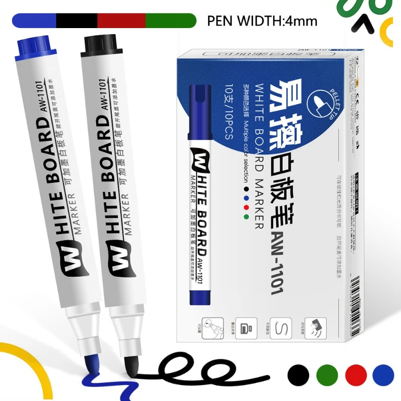 10pcs 지울 수있는 화이트 보드 펜은 교사 교육 훈련을위한 잉크 유성 빠른 건조 방수 추가 가능 사무실 쓰기 그림