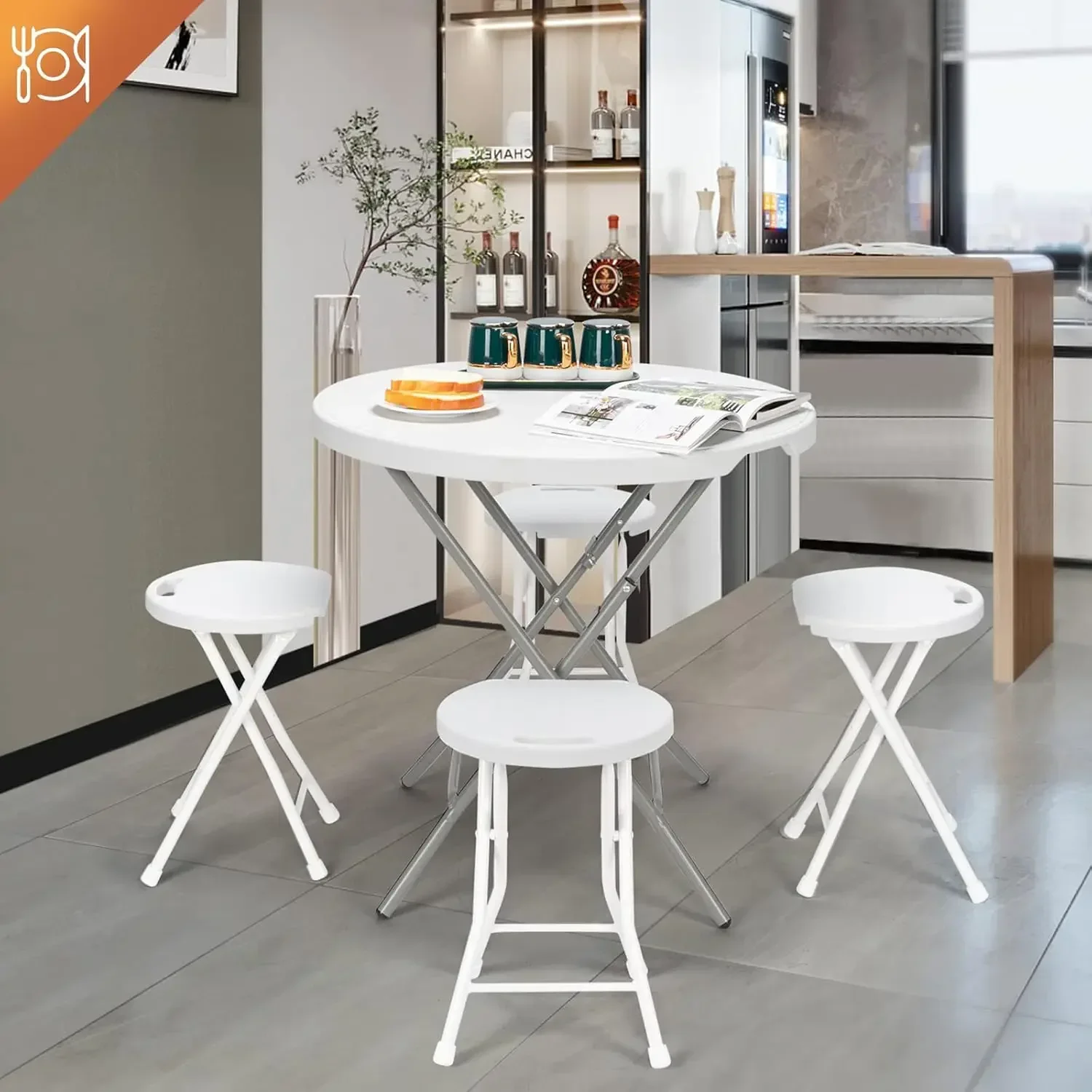 32" Round Folding Commercial Banquet Table, Portable Plastic Coffee Card Dining Table for Kitchen or Outdoor Party Wedding Event 3
