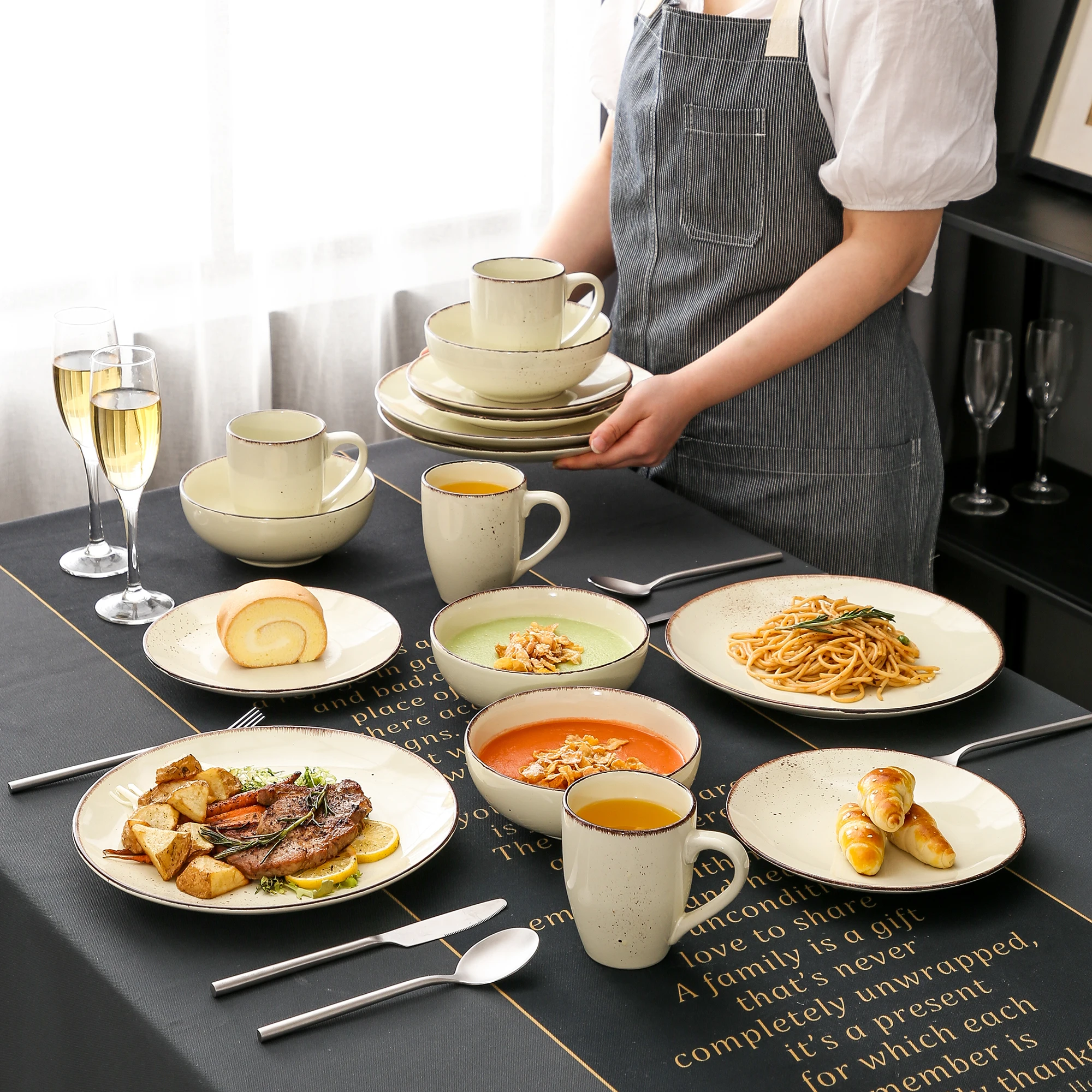 Vancasso Navia 16/32 – Teiliges Steinzeug-Keramik-Geschirrset mit 4-teiligem Speiseteller, Dessertteller, 800-ml-Schüssel, Becher-Geschirr-Set – Detail 7