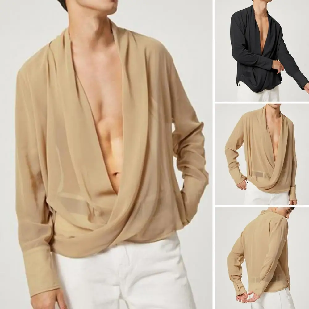 Men Shirt Long Sleeves Loose Solid Color Chiffon Pullover Sexy Thin Deep V Neck Men Autumn Top for Club