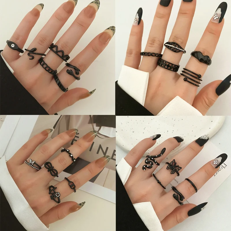 Fashion Black Jewelry Rings Set Women Rings Black Black Gothic Punk