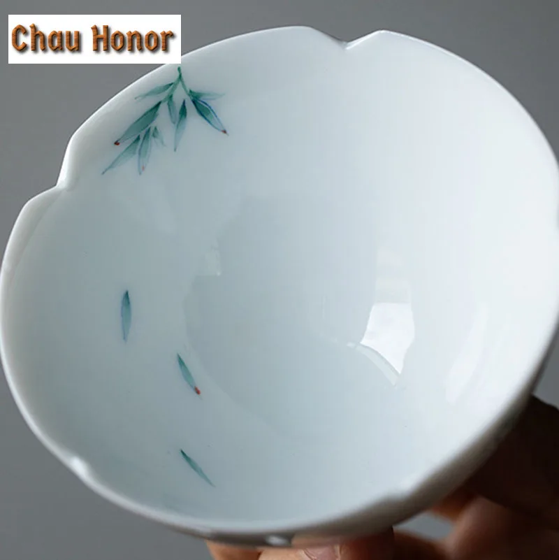 2pc/set 65ml Boutique Pure Hand Painted Art Bamboo Tea Cups Household Ceramic Master Cups White Porcelain Kung Fu Tea Bowl Set