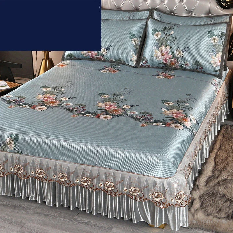 Ice Silk Bed Sheets and Pillowcases Set, Folding Machine Washable, Soft Cool Mat, High-end Bed Skirt Style, Three Piece