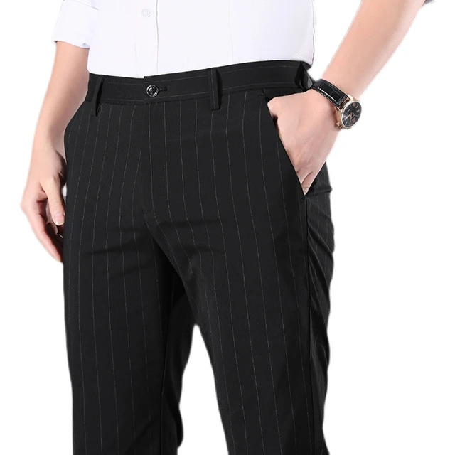 Brand Men's Pinstripe Pants Casual Elastic Long Trousers Cotton