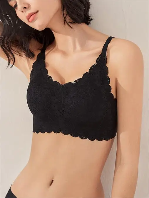 Women Lace Lingerie Gathered Bra Solid Wireless French Bralette Push Up Sexy Invisiable Brassiere Ladies Fashion Breathable Bras