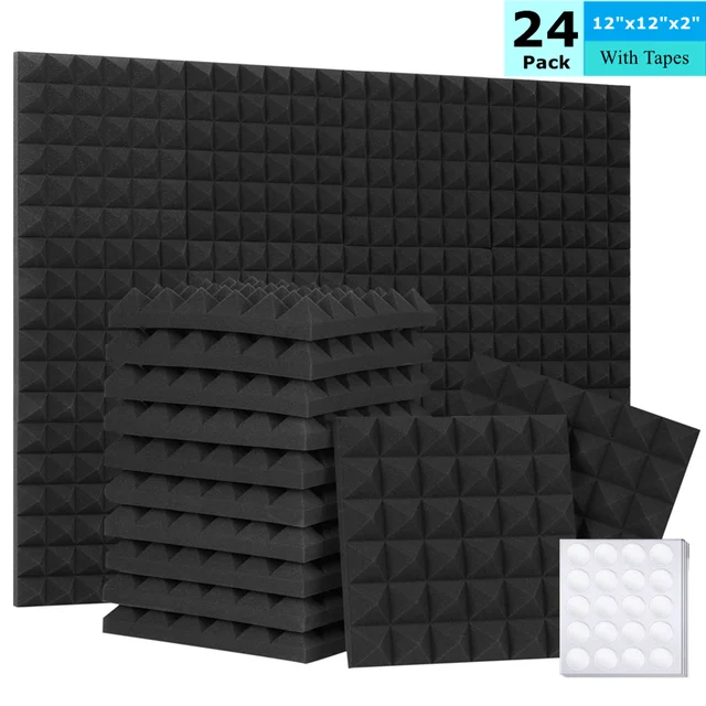แผ่นโฟมอะคูสติกสีดำทรงพีระมิด ขนาด 12x12x2 นิ้ว จำนวน 24 ชิ้น สำหรับดูดซับเสียงและลดเสียงรบกวนในสตูดิโอ พร้อมเทปกาว 1