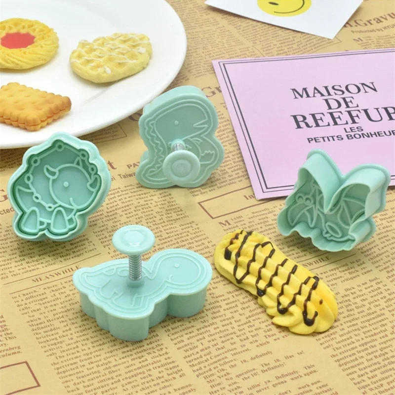 4Pcs Dinosaur Biscuit Embosser Stamp Mold Cartoon Animal Pattern Cookie Cutter Dessert Baking Mold Fondant Cake Decorating Tools cookie cutter baking mold cookie mould cookie printing mold baking decorating tools