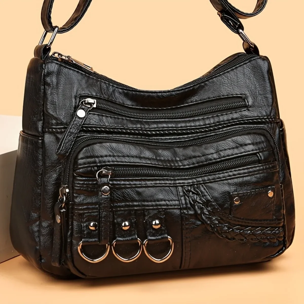 Braid Detail Crossbody Bag Fashion Metal Decor Crossbody Bag Large Capacity Women's Soft Faux Leather Purse With Multi Zipper