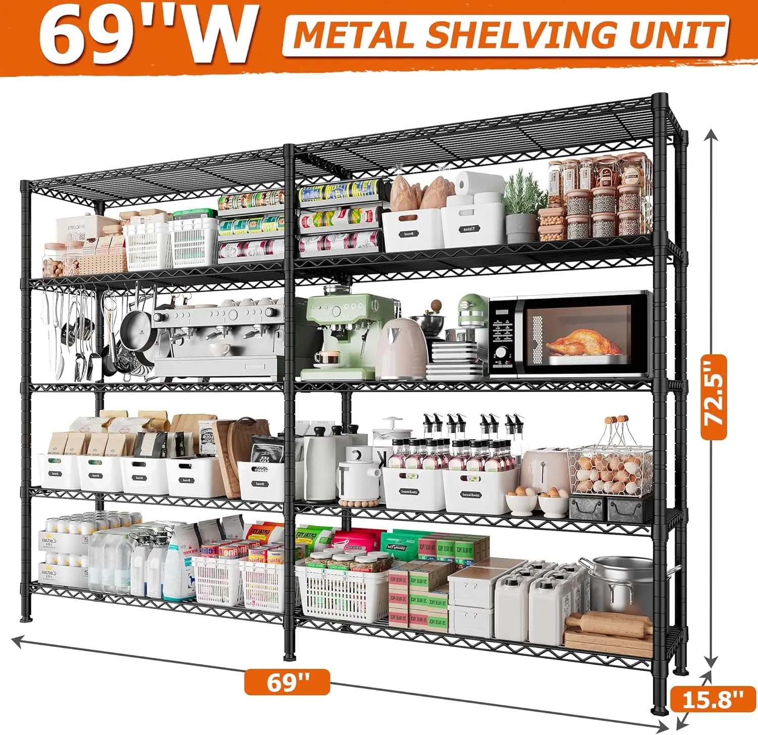69" W Storage Shelves 1600LBS Wire Shelving Unit 5 Tier Metal Shelving for Storage Rack Shelves for Storage Heavy Duty Garage 3