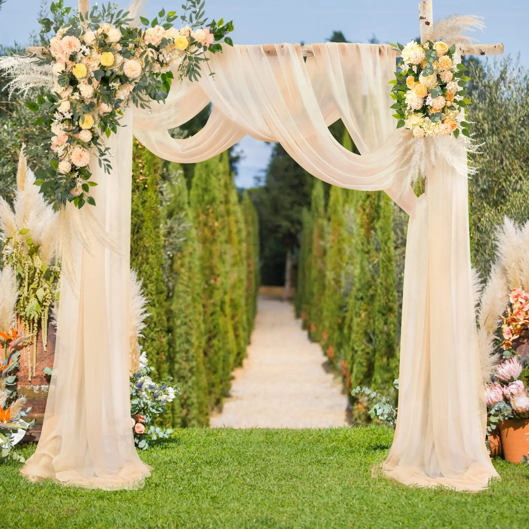 Wedding Arch Draping Fabric, 1 Panel 6/10M Champagne Sheer Backdrop Curtain Wedding Arch Decorations for Party Ceiling