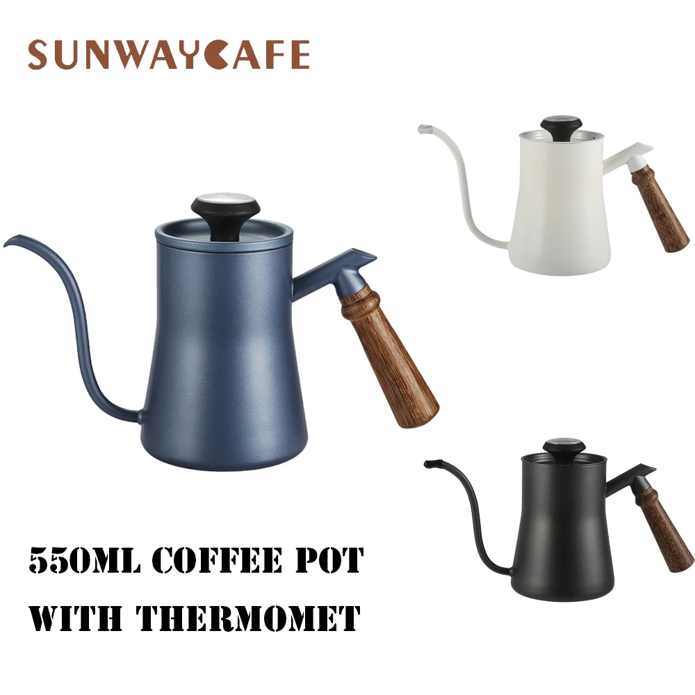 

550ML Non-stick Stainless Steel Pour Over Coffee Tea Pot with Thermomet Long Narrow Spout Hand Drip Kettle Coffee Accessories