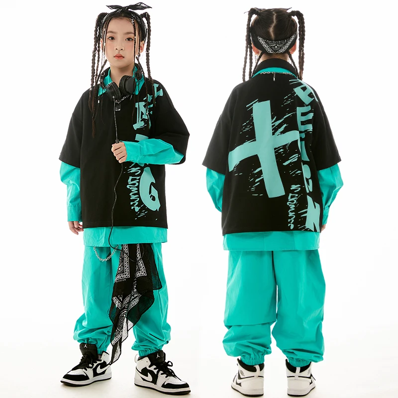

2023 Kids Hip Hop Clothes Girls Long Sleeves Tops Coat Blue Pants Boys Street Dancing Performance Wear Fashion Clothing BL11574