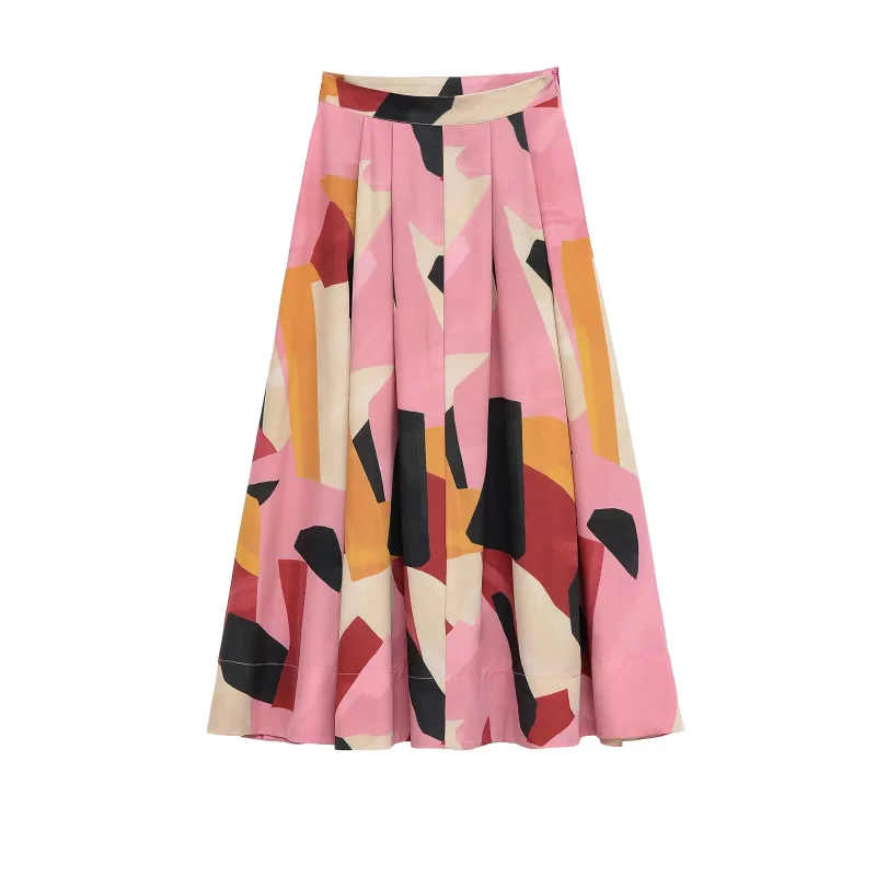 ETJ 2025 Spring new women's elegant romantic A-type color matching printed high-waist MIDI skirt