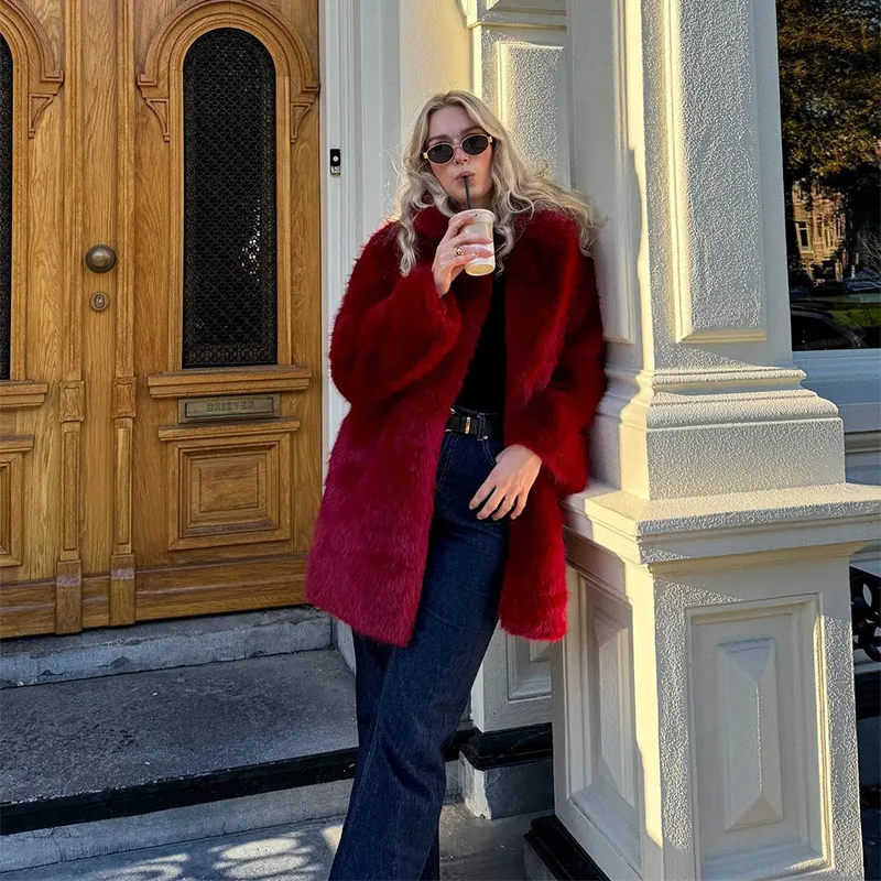 Luxury Women's Red Faux Fur Long Overcoat Fleece Thick Warm Full Sleeve Lapel Cardigan Coat Winter Fashion Loose Outerwear