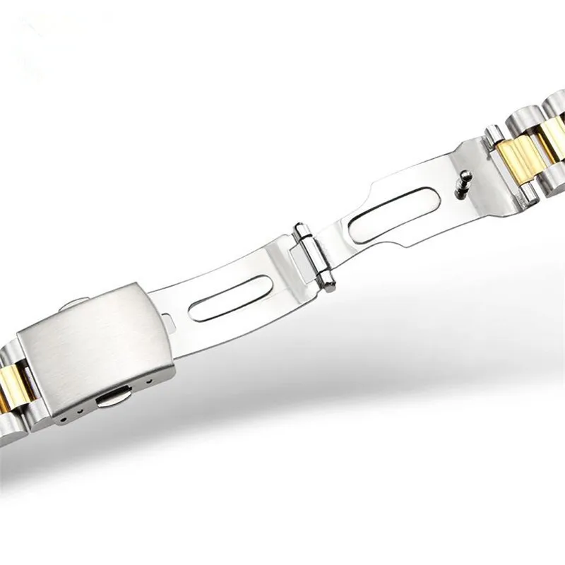 Elegant Silver & Gold Two-Tone Curved End Stainless Steel Watchband with Solid Links