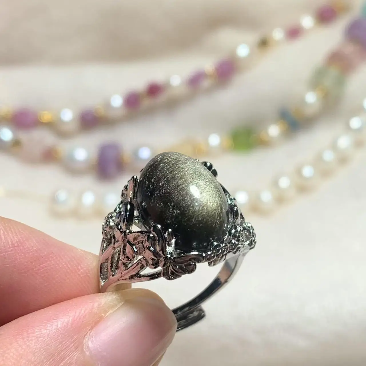 Natural Obsidian Ring Adjustable Female Classic Ring Jewelry for Women Gift Wholesale High Quality Vintage Fine