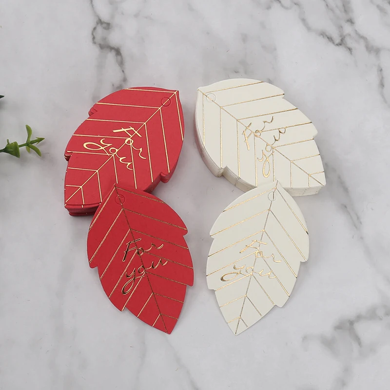 50Pcs Gold Foil Leaf Shape Thank You Hang Tag 4.5x7cm Birthday Cake Baking Tag for Wedding Party DIY Craft Paper Decoration