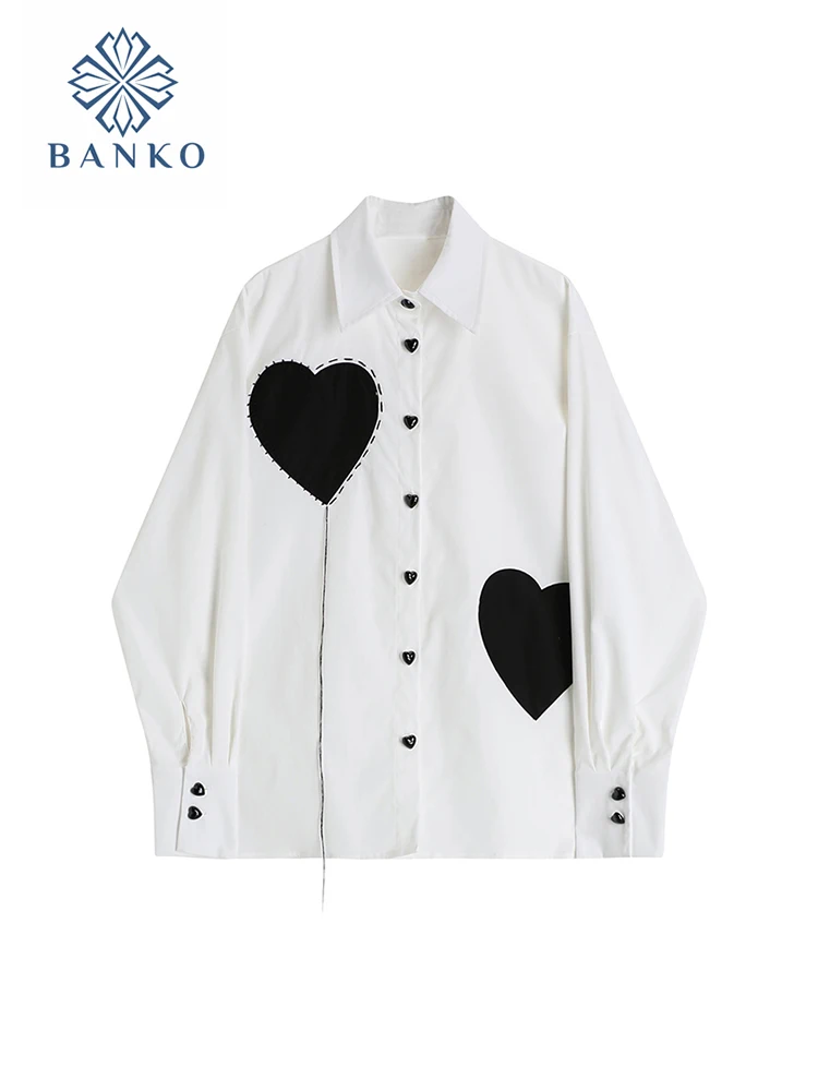 

Kawaii Heart Print Graphic Long Sleeve Blouses Women Turn-Down Collar KoreanSingle Breasted Basic Shirts Loose Fit New Design