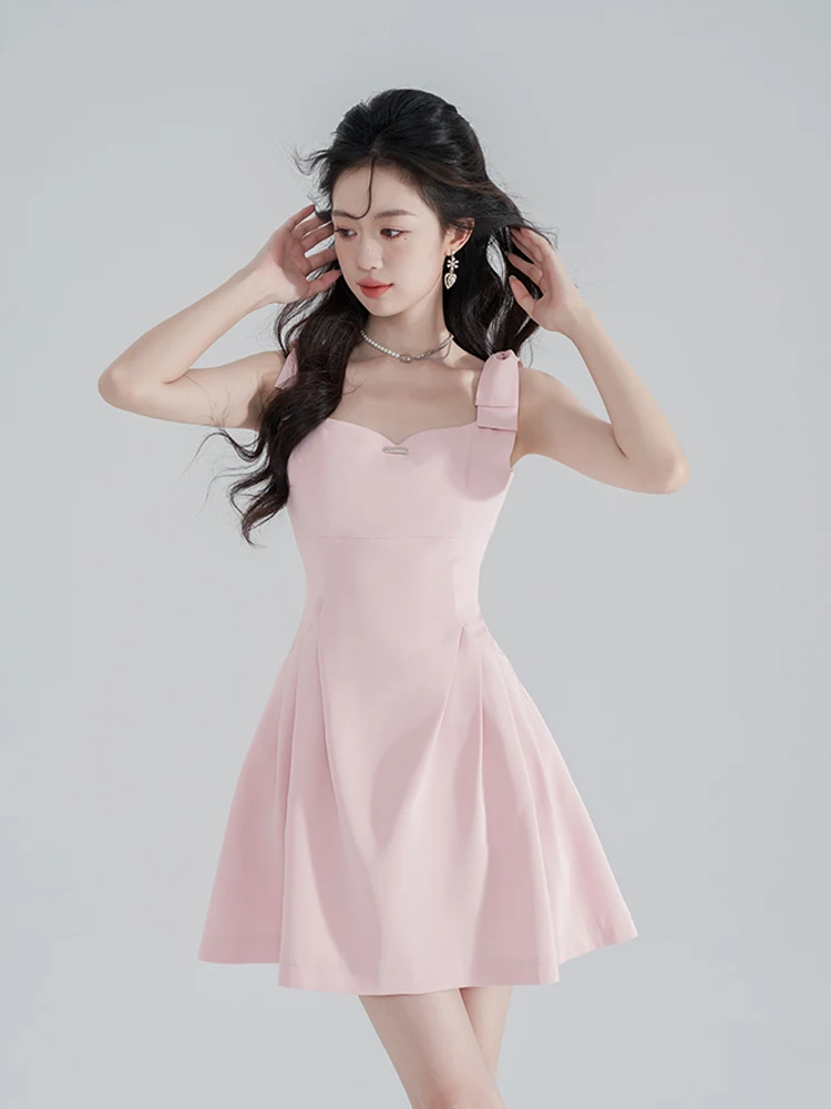

Женское элегантное платье высокого качества, розовое, весенне-летнее, новое, милое, без рукавов, на бретельках, с квадратным вырезом, короткое, ТРАПЕЦИЕВИДНОЕ, универсальное