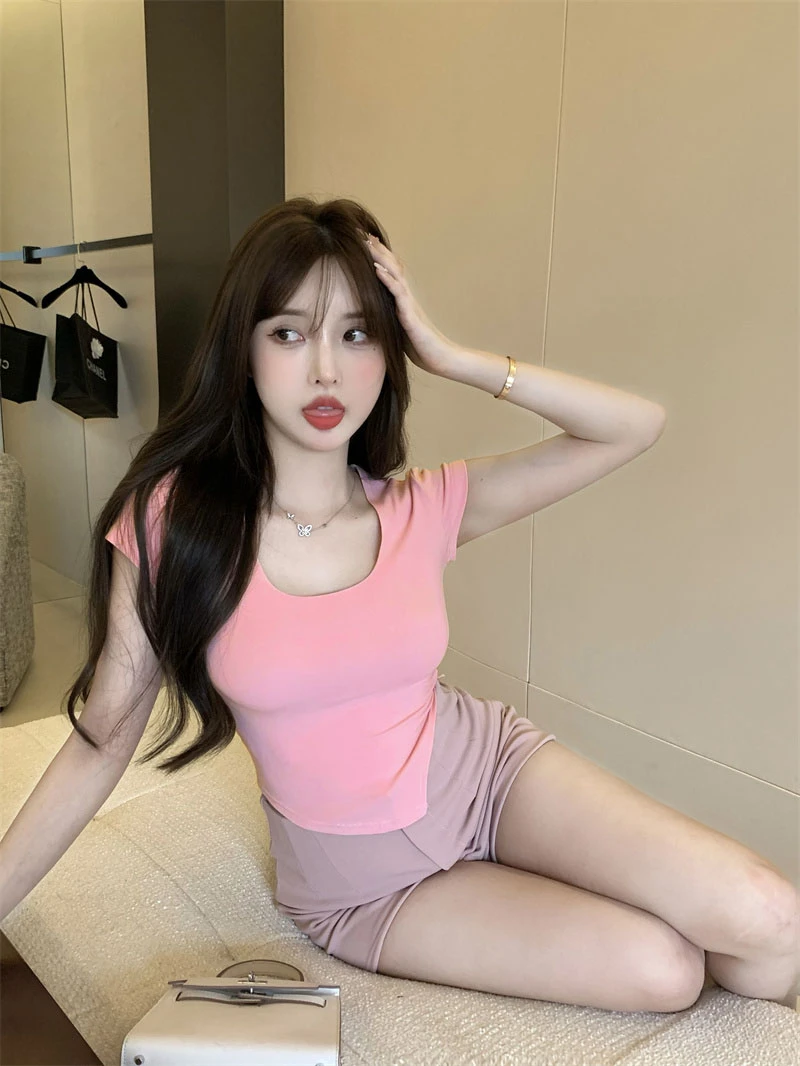 Summer Korean Fashion Y2K T-shirt Woman Japane Crop Top U-neck Split Sexy Red Pink White Tee Shirt Women Vintage767_voghion.com