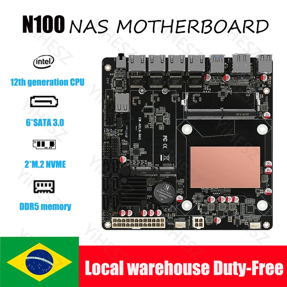 Scheda Madre N100 Nas Mini Itx Ddr5 8G 4800Mhz 4X2.5G Scheda Di Rete 6X Sata3.0 2X M.2 Nvme 17X17 Scheda Madre Con Pcie Diy Nas