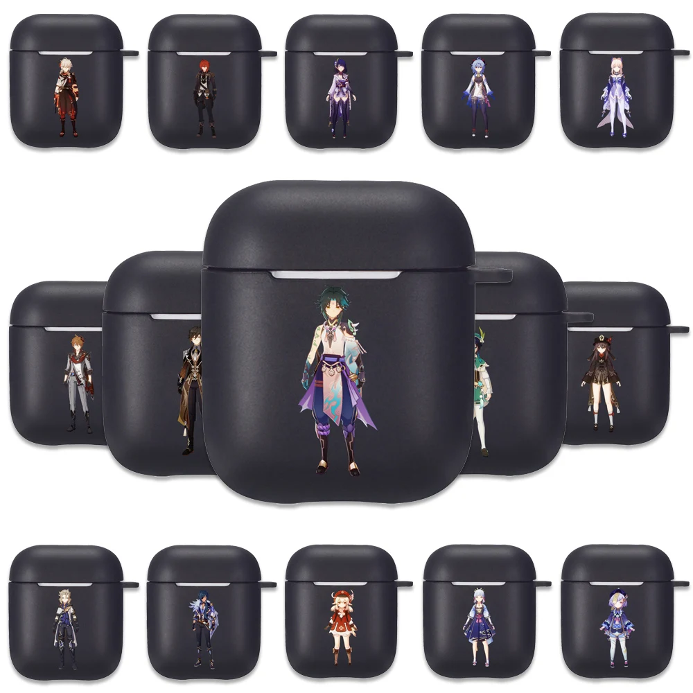 Мягкий Черный силиконовый чехол Genshin Impact с персонажами для Airpods 1, 2, 3 Pro, чехлы для Zhongli, Hutao, Diluc, Venti, Klee