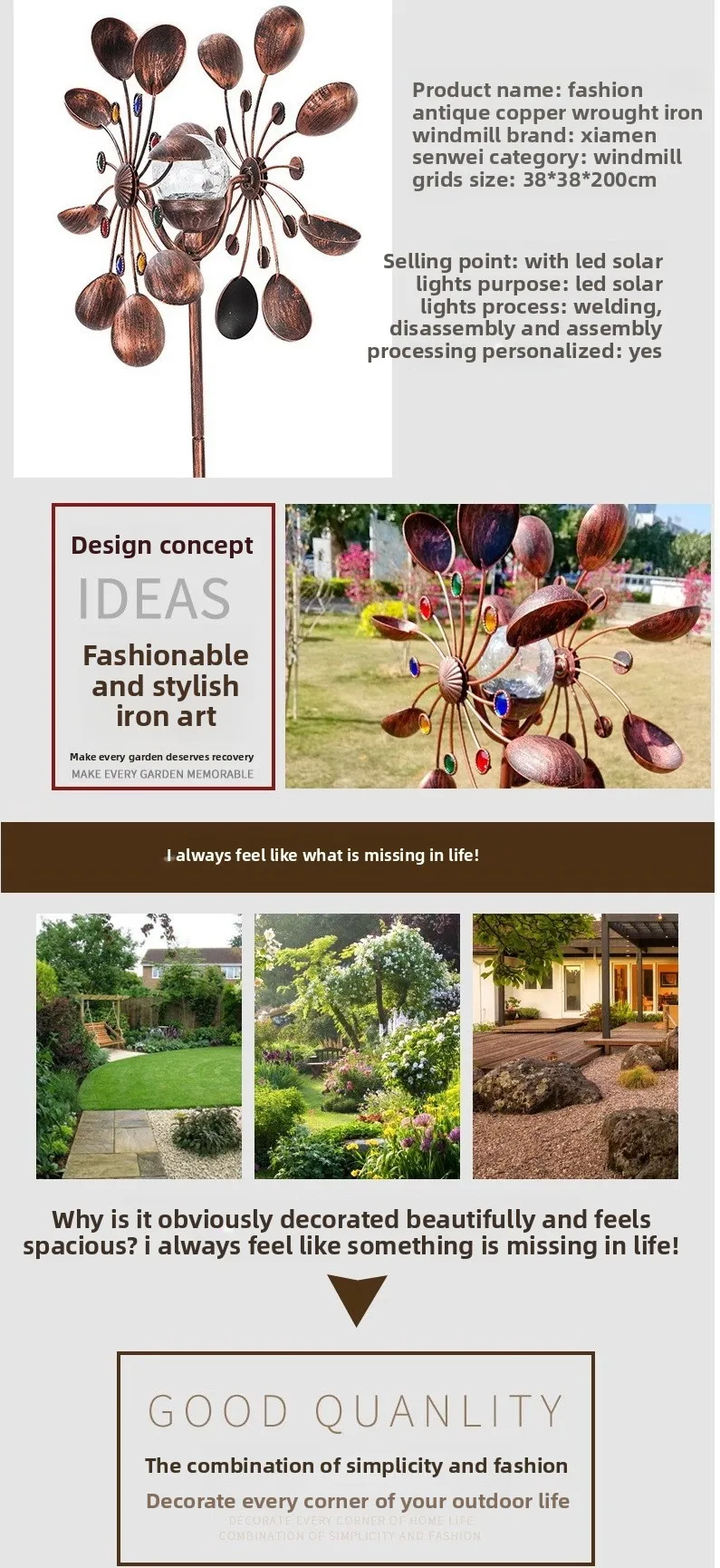 Garden Solar Powered Wind Spinners Glass Iron Windmill Solar Powered Bronze Metal Art Craft Garden Yard Landscape Decoration