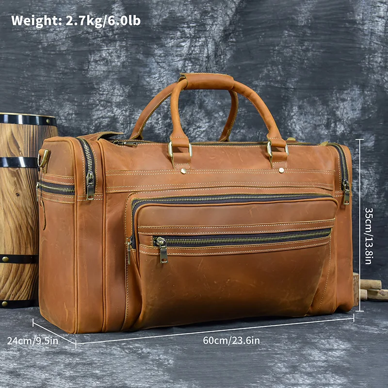 Large Brown Crazy Horse Leather Weekend Bag For Men