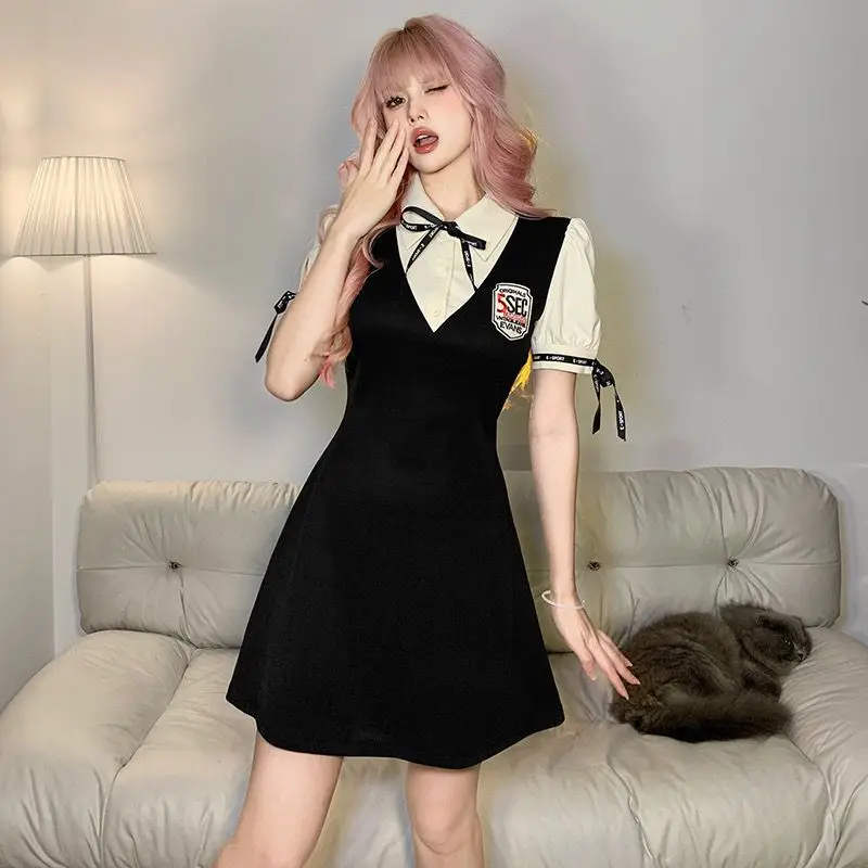 

Women Black Dress 2024 New Preppy Office Lady Korea Style Vintage Solid Chiffon Long Sleeve Flare Sleeve Dresses