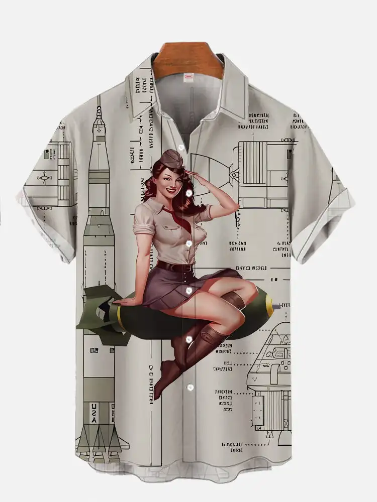

Retro Pin Girl Poster Rocket Blueprint and Missile Girl Print Short Sleeve Shirt