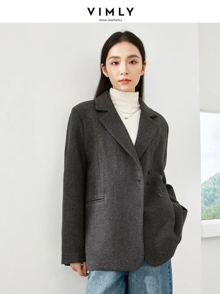 

Vimly Gray Wool Blend Quilted Tailored Coat 2023 Winter Office Lady Notched Blazer Single Breasted Thick Jackets Overcoat M5656