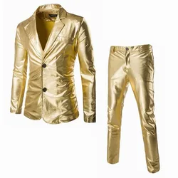 Bronzing Shiny Gold Silver Suits Blazer Men Faux Leather Thin Suit Pants Gold Silver Black Fashion Wedding Party Stage Costumes