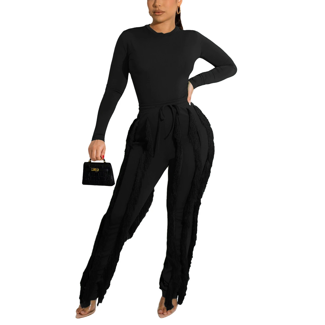 

Tight Streetwear Bodysuit Autumn Long Sleeve Jumpsuit Top Sport Two Piece Set Solid Fashion Pant Winter Fringe Suit Overalls