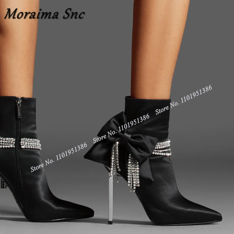 

Moraima Snc Black Metal Heel Bow Knot Boots Crystal Fring Decor Boots Pointed Toe Shoes for Women High Heels Zapatillas Mujer