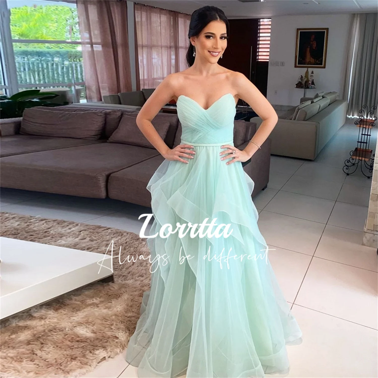 

Lorrtta Mint Green Long Ball Gown A Line Pleated Dubai Formal Evening Gown Plus Size Draped Tulle Arabian Party Dresses Prom