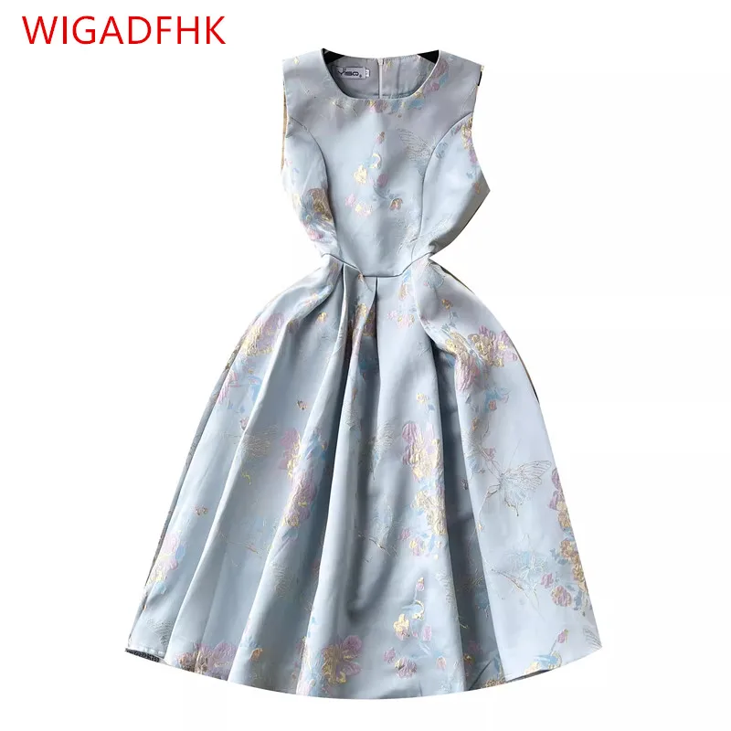 

WIGADFHK Retro Premium Gold Stamped Print Dress O-Neck Sleeveless Waist A Line Large Swing Tank Top Dress Elegant Party Dresss