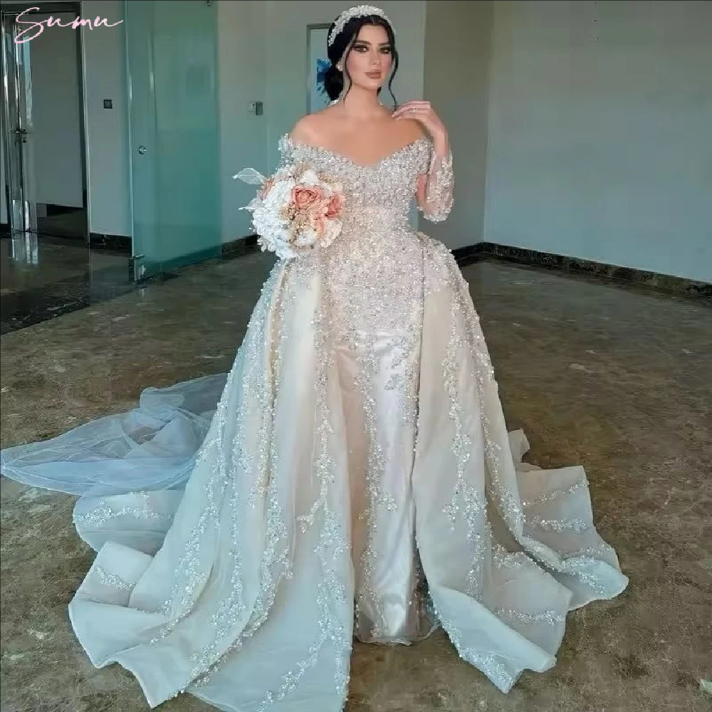 Abito da sposa personalizzato con strascico staccabile con spalle scoperte Applicazioni pesanti Perle Tromba Illusione Abito da sposa a maniche lunghe - immagine 4