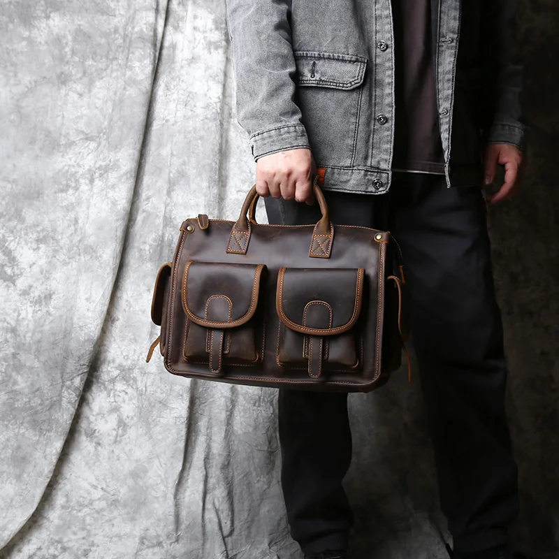 NZPJ Vintage Genuine Leather Men's Briefcase Crazy Horse  Handbag Natural Cowhide Travel Bag Casual Shoulder Crossbody Bag