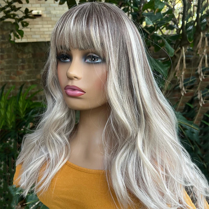 Wavy Wig With Bangs Natural Looking Human Hair Wig For Women Ash Platinum Blonde Highlights Transparent HD Lace Frontal