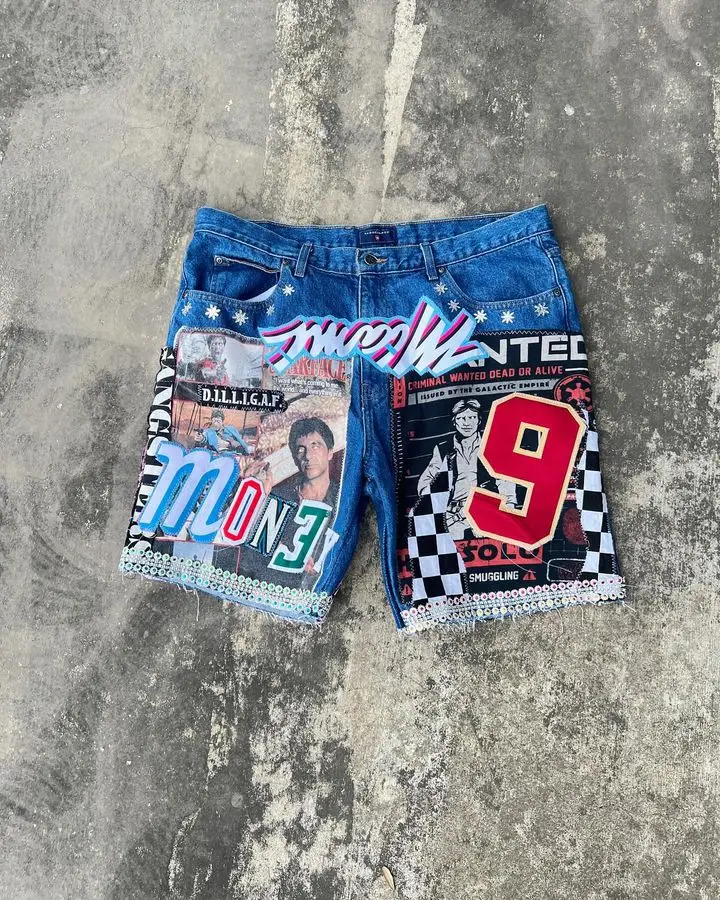 American Shorts Y2K Jeans Mens Womens Harajuku Hip Hop Graphics Patchwork Retro Blue Baggy Denim Gym Shorts Casual